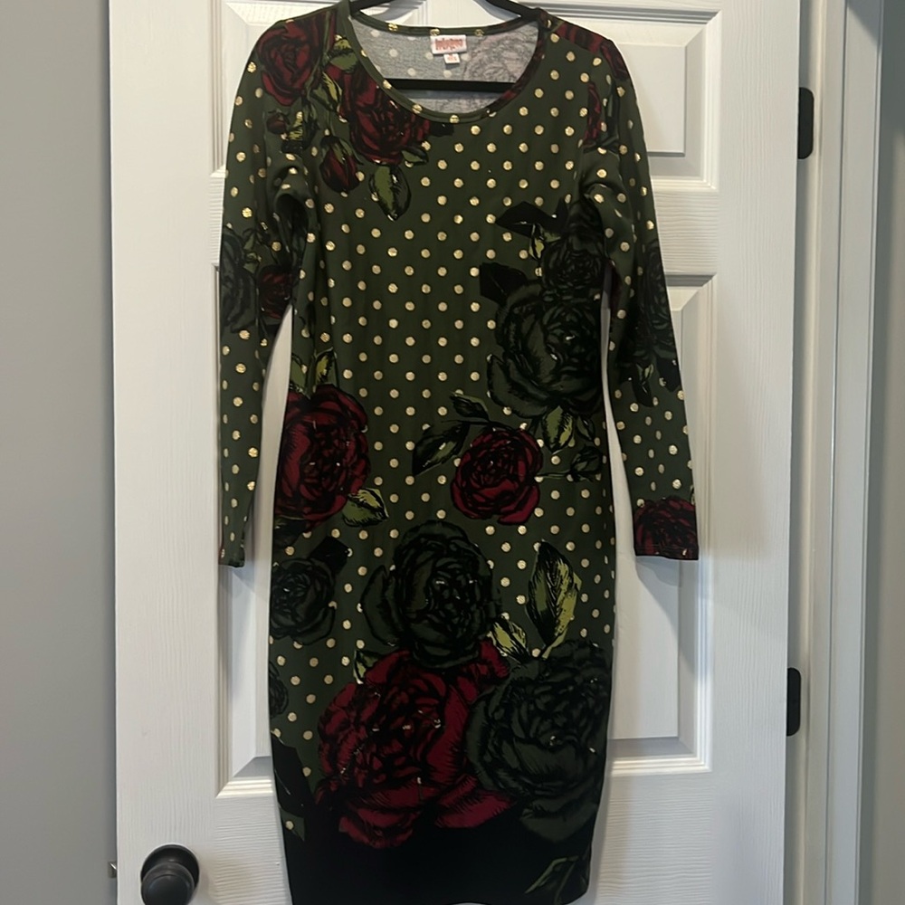 LuLaRoe Elegant Debbie Dress Olive Green/Metallic Gold Print Size M